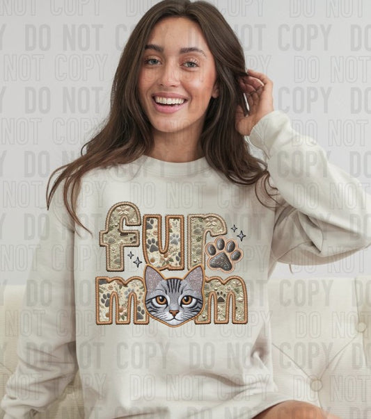 Grey Tabby Cat Fur Mom Embroidery Faux DTF Transfer