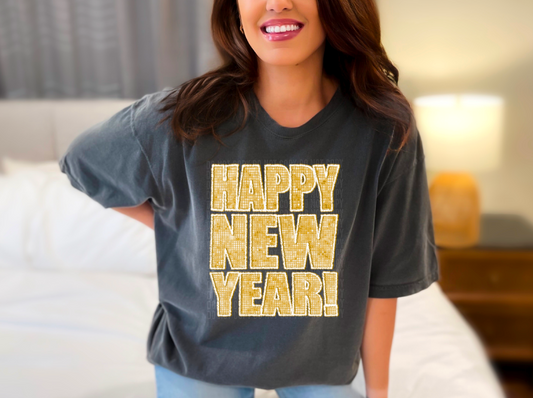 Happy New Year Gold Sequined DTF Transfer