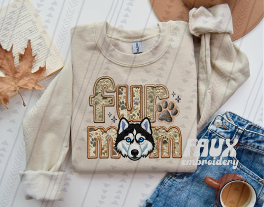 Husky Fur Mom Embroidery Faux DTF Transfer