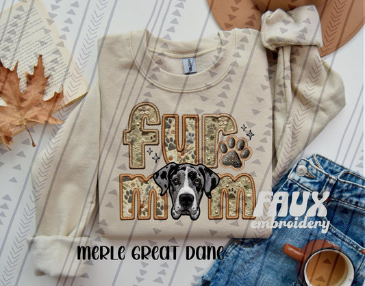 Merle Great Dane Fur Mom Embroidery Faux DTF Transfer
