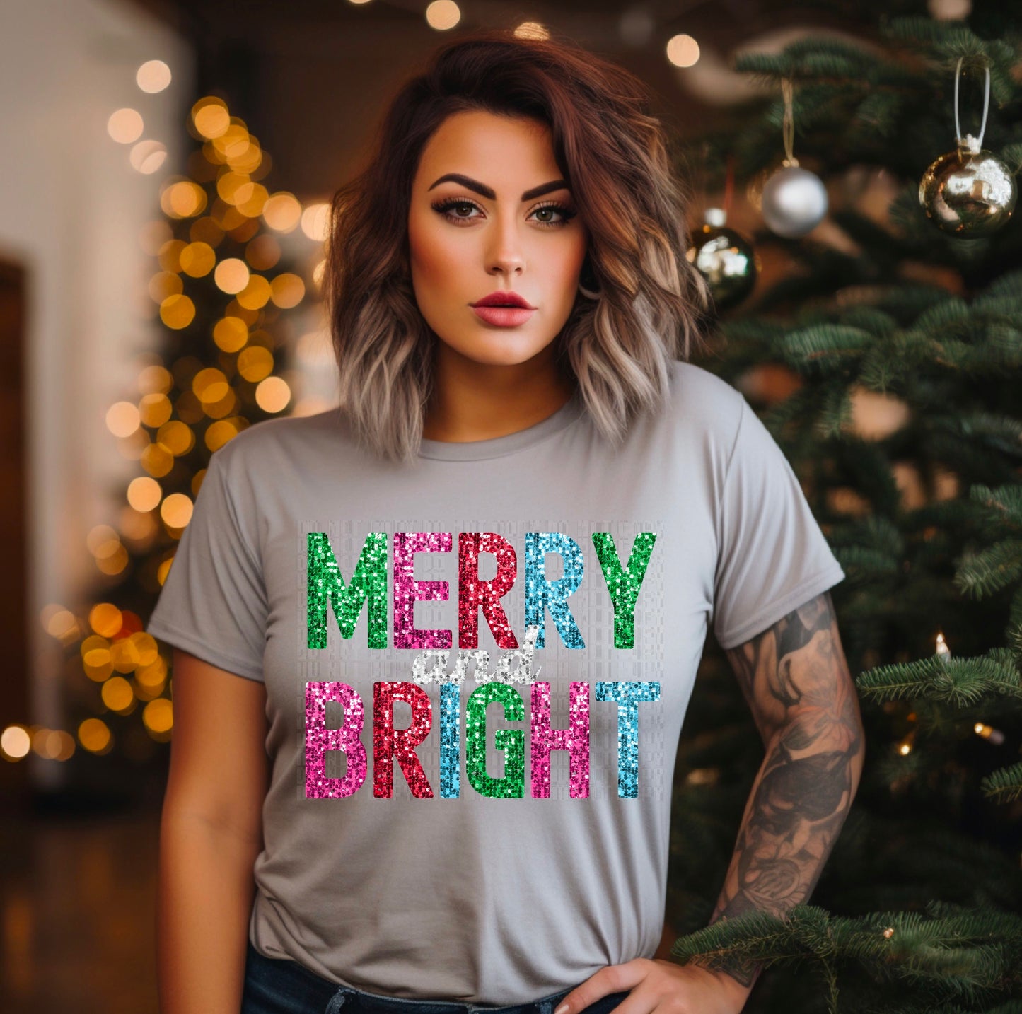 Merry And Bright Colorful Sequined DTF Transfer