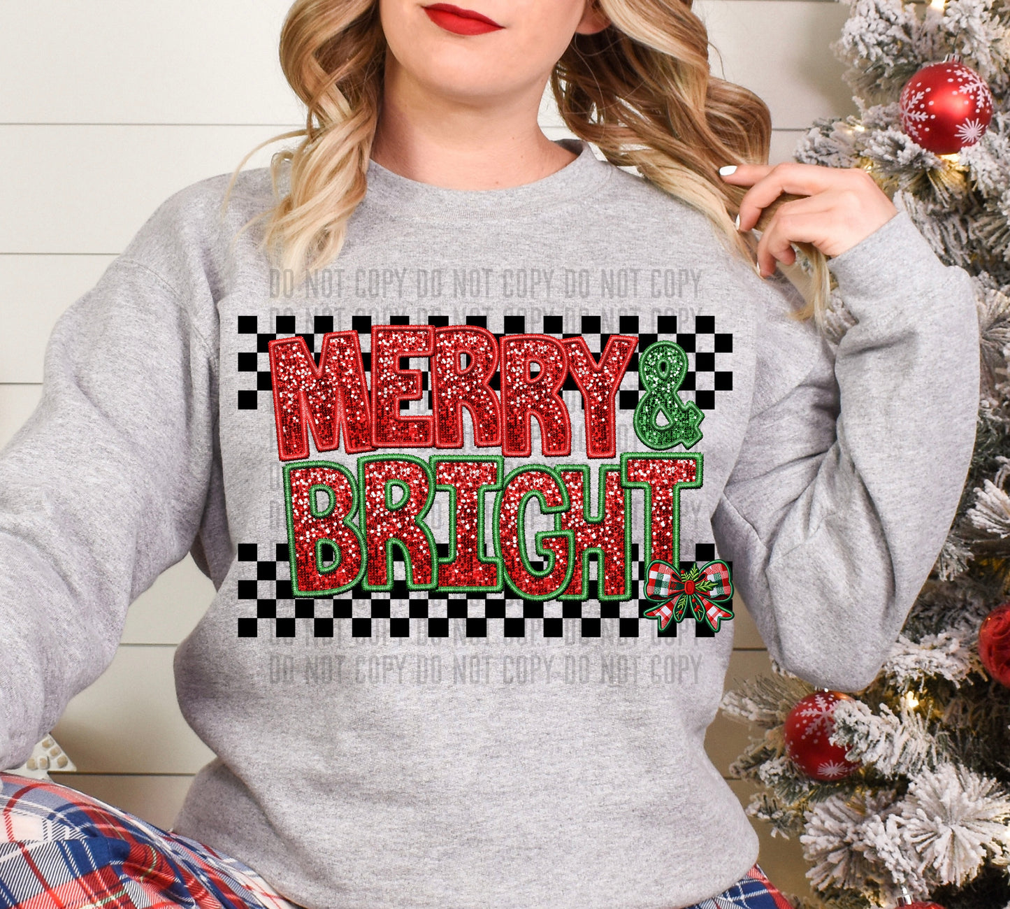 Merry And Bright Checkered Sequined DTF Transfer