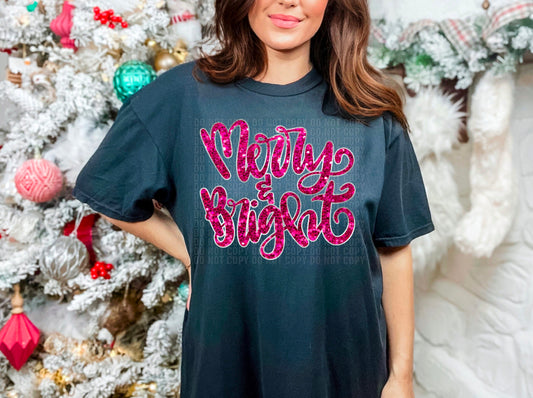 Merry And Bright Pink Sequined DTF Transfer