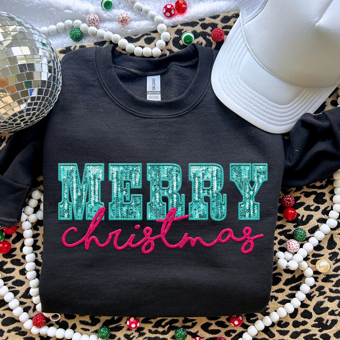 Merry Christmas Pink Aqua Sequin DTF Transfer