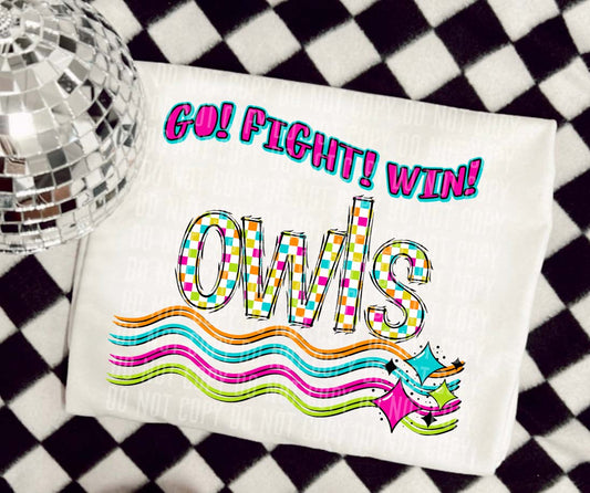 Owls Neon Checks Go Fight Win DTF Transfer