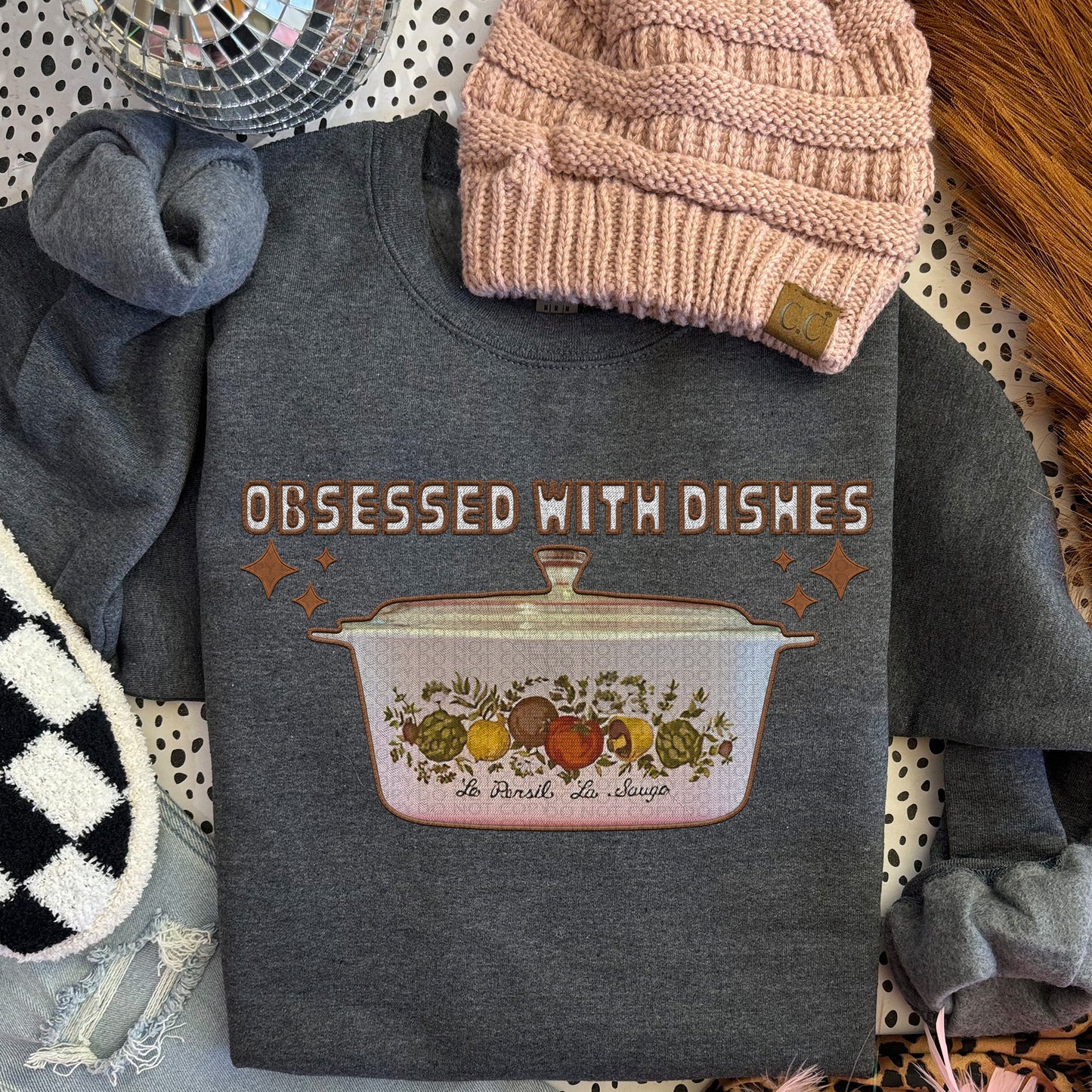 Obsessed With Dishes White Faux DTF Transfer