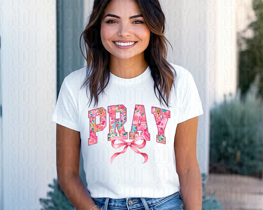 Pray Floral W/ Bow Faux Embroidery DTF Transfer