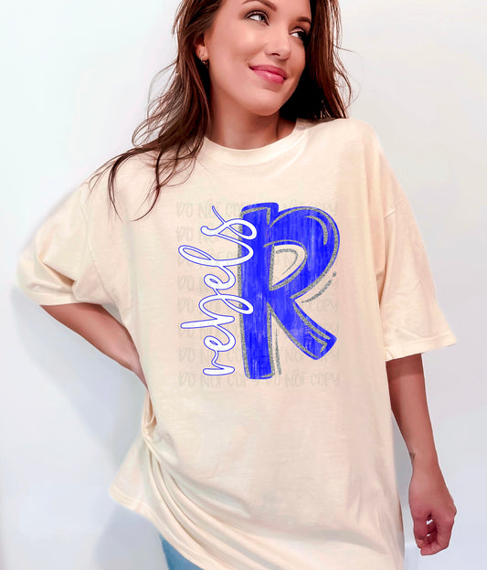 Rebels Royal Blue Initial With Silver Trim DTF Transfer