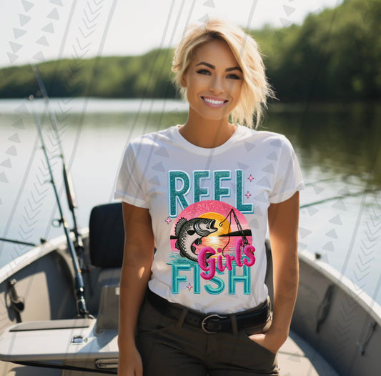 Reel Girls Fish Embroidery Faux DTF Transfer