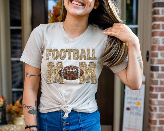 Champagne Gold Glittery Football Mom Faux DTF Transfer