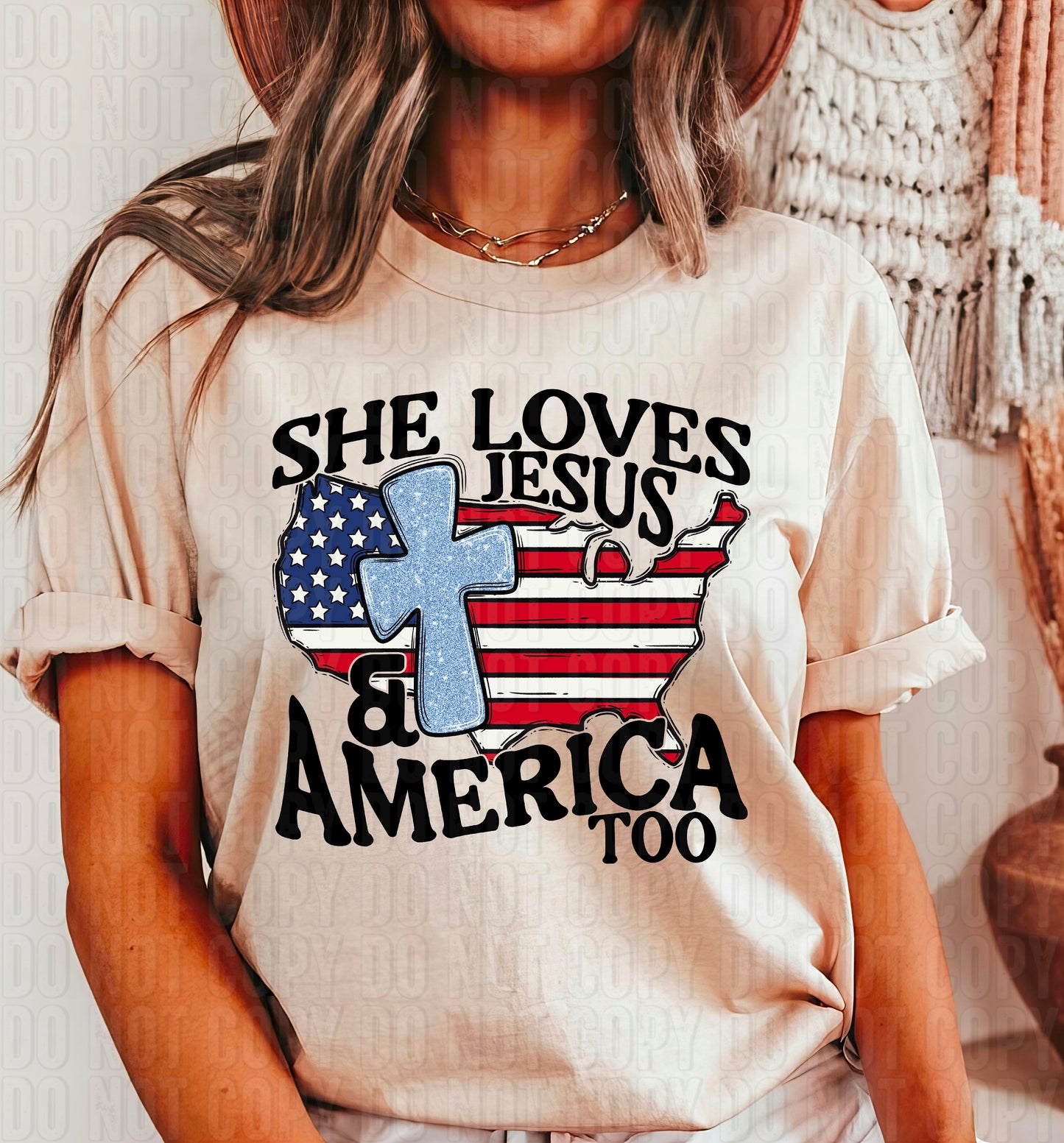 She Loves Jesus & America Too Cross DTF Transfer