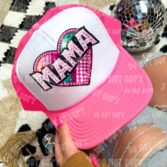 Mama Sparkly Sequined Heart Hat Faux Embroidered Patch DTF Transfer