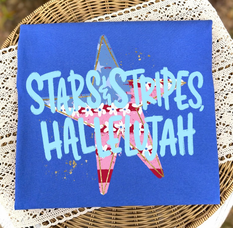 Stars & Stripes, Hallelujah Light Blue Font DTF Transfer