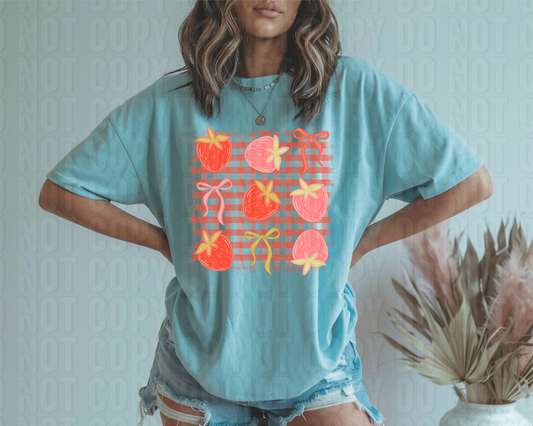 Strawberries And Bows Plaid Icons DTF Transfer
