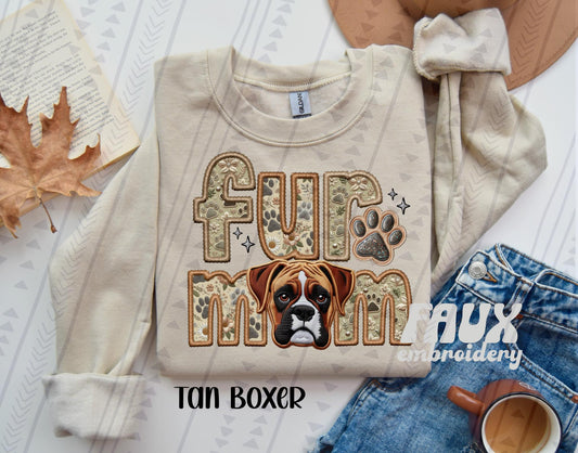 Tan Boxer Fur Mom Embroidery Faux DTF Transfer