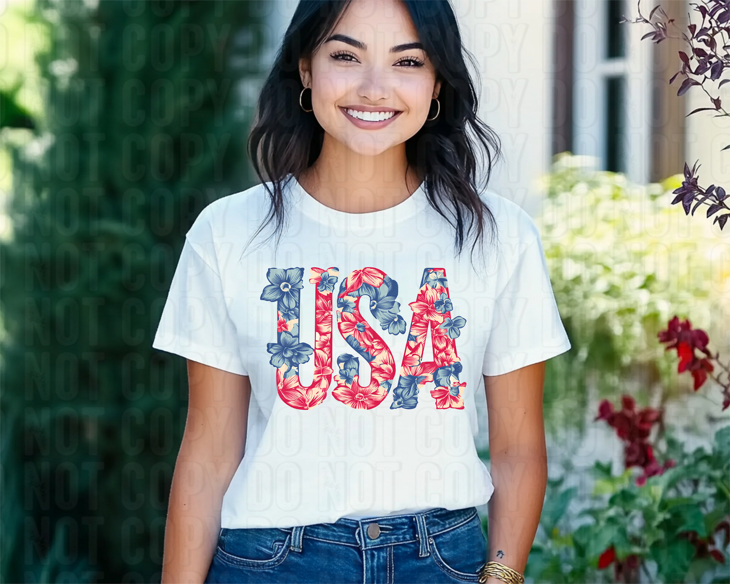 USA Floral Red & Blue DTF Transfer