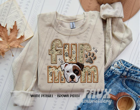 White Pitbull With Brown Eye Patch Fur Mom Embroidery Faux DTF Transfer
