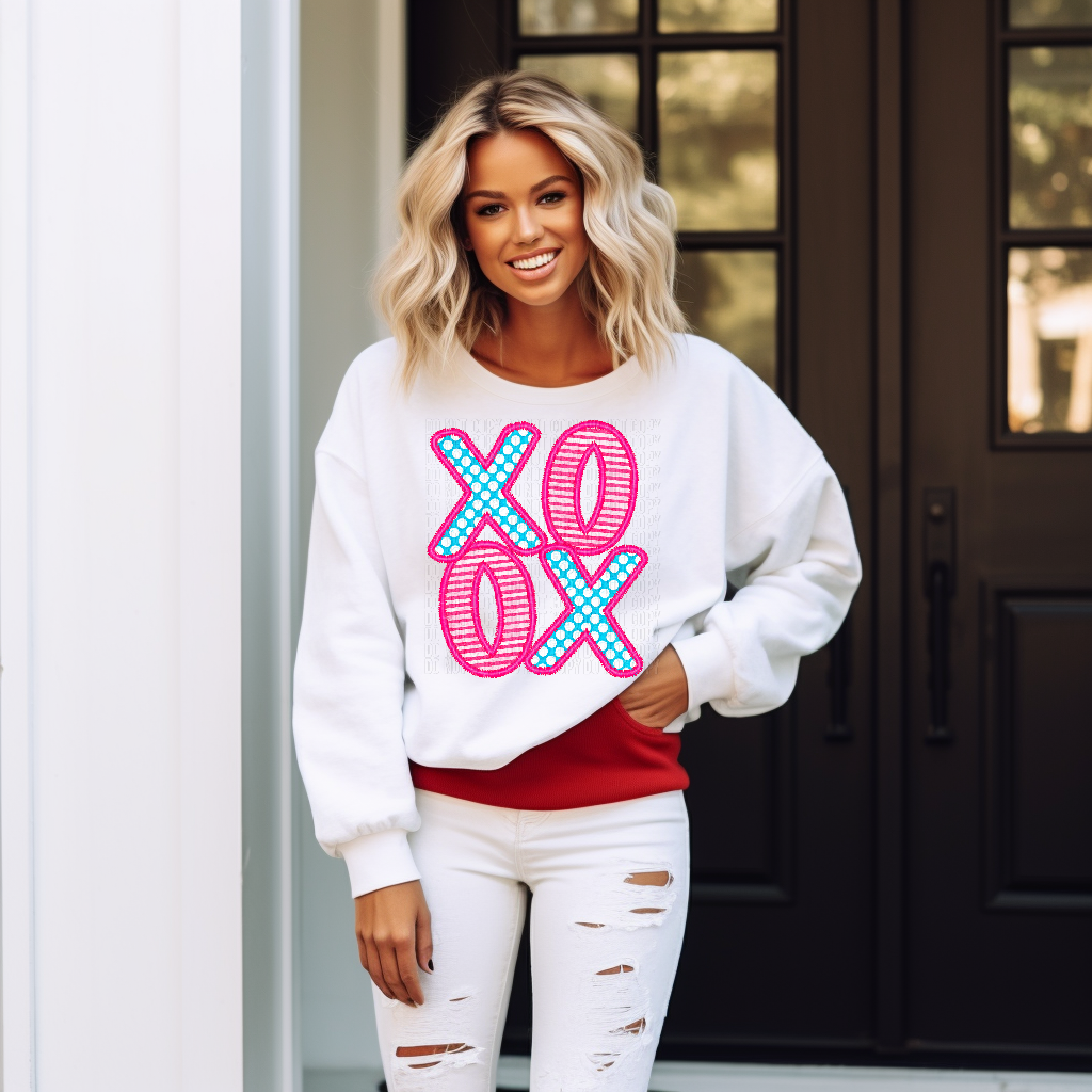 Xoxo Pink/Blue Striped Polkadots Faux DTF Transfer